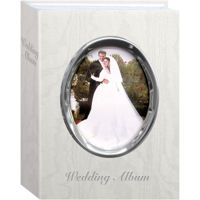 

Pioneer Photo Album WFM-46, Bound Mini Wedding Photo Album with White Oval Framed Cover, 50 Pages Holds 100 4x6" Pictures, Color: Silver With Text.