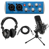 

PreSonus AudioBox 96 USB 2.0 Audio Recording System - Bundle With Pro Cardioid Condenser Microphone with Shock Mount and Tabletop Stand, Closed-Back Studio Monitor Headphones, XLR M to F Cable 10'