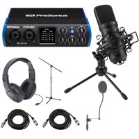 

PreSonus Studio 24c 2x2 Portable Ultra-High Definition USB Type-C Audio/MIDI Interface - Bundle With H&A Cardioid Condenser Microphone, JamStands Tripod Mic Stand, Samson Stereo Headphones, And More