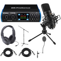 

PreSonus Studio 26c 2x4 Portable Ultra-High Definition USB Type-C Audio/MIDI Interface - Bundle With H&A Cardioid Condenser Microphone, JamStands Tripod Mic Stand, Samson Stereo Headphones, And More
