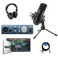 

PreSonus AudioBox iOne 2x2 USB 2.0 / iPad Recording Interface with 1 Mic Input - Bundle With Microphone with Shock Mount and Tabletop Stand, Studio Monitor Headphones, XLR M to F Cable 10'