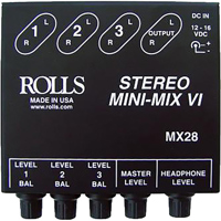 

Rolls MX28 Three Channel Miniature Stereo Line Mixer with 1/4" Inputs, Individual Pan and Level Control and Headphone Output