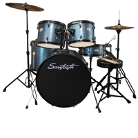 

Sawtooth Rise Full Size Student 5-Piece Drum Set with 22x16" Bass Drum, 12x8" & 13x9" Tom Tom, 16x16" Floor Tom, 14x5" Snare Drum, 13/16" Zildjian Planet Z Cymbals, Black Hardware, Storm Blue Sparkle