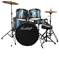 

Sawtooth Rise Full Size Student 5-Piece Drum Set with 22x16" Bass Drum, 12x8" & 13x9" Tom Tom, 16x16" Floor Tom, 14x5" Snare Drum, 14/16" Beginner's Cymbals, Black Hardware, Storm Blue Sparkle