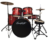 

Sawtooth Rise Full Size Student 5-Piece Drum Set with 22x16" Bass Drum, 12x8" & 13x9" Tom Tom, 16x16" Floor Tom, 14x5" Snare Drum, 14/16" Beginner's Cymbals, Black Hardware, Crimson Red Sparkle