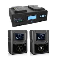 

Core SWX Fleet Micro 3A Digital Dual Charger for Gold Mount Batteries - With 2 Pack Core SWX Helix 9 Mini 3-Stud Dual Voltage Output 98wh Gold-Mount Li-ion Battery