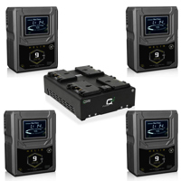 

Core SWX Fleet-Q4Ai Four Position Fast Simultaneous Li-Ion Charger with Voltbridge Wireless, Gold Mount - With 4 Pack Core SWX Helix 9 Mini 3-Stud Dual Voltage Output 98wh Gold-Mount Li-ion Battery