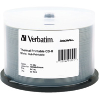 

Verbatim CD-R, 80 Minute, 700MB 52x DataLifePlus White Thermal Printable, Hub Printable, 50 Pack on Spindle