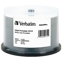 

Verbatim CD-R, 80 Minute, 700MB 52x DataLifePlus White Inkjet, Hub Printable, 50 Pack on Spindle