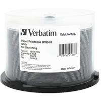 

Verbatim DVD-R, 4.7 GB 16x DataLifePlus, White Inkjet Printable, 50 Pack on Spindle