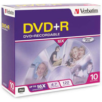 

Verbatim DVD+R Recordable Media, 4.7 GB, 16x Branded Surface, 10 Pack in Slim Case
