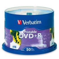 

Verbatim DVD+R Recordable Media, 4.7 GB, 16x Branded White InkJet Printable, 50 Pack on Spindle