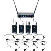 

VocoPro Digital-Quad-B 4-Channel UHF Wireless Headset & Lapel Microphone System with Receiver, 4x Bodypack Transmitters, 4x Headset and 4x Lavalier Mics, 915 to 927.2MHz