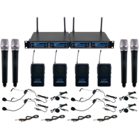 

VocoPro UDH-4-ULTRA 4-Channel UHF/DSP Hybrid Wireless System, Includes 4x Channel Receiver, 4x Handheld Microphone, 4x Body-Pack Transmitter, 4x Headset Microphone, 4x Lapel Microphone & 4x Instrument Cable