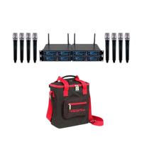 

VocoPro UDH-CHOIR-8 Eight Channel UHF/DSP Hybrid Handheld Wireless Microphone Package, Includes 4x Receiver, 8x Microphone - With ocoPro BAG-8 Heavy-Duty Carrying Bag for Microphones Black/Red Trim