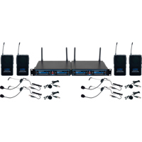 

VocoPro UDH-PLAY 4 Four Channel UHF/DSP Hybrid Bodypack Wireless Microphone Package, Includes 2x UDH Dual Receivers, 4x UDH Bodypack Transmitters,4x Headset Microphones,4x Lapel Microphones