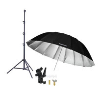 

Westcott 7 Feet Silver Parabolic Umbrella BUNDLE with Umbrella Bracket / Adjutsable Flash Mount, 9.5' Black Lightstand