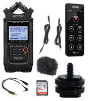 

Zoom H4n Pro 4-Input/4-Track Portable Handy Recorder with Onboard X/Y Mic Capsule, Al l Black - Bundle With IndiPRO Male Hot Shoe, Rycote Mini Windjammer, 16GB Card 3 .5 MON Cable, Movo Remote Control