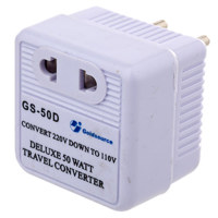 

Adorama AC Converter 50W, Allows 110 Volt Appliances to be Used with 220 Volt Electrical Outlets, has Round Male Outlet Pins.