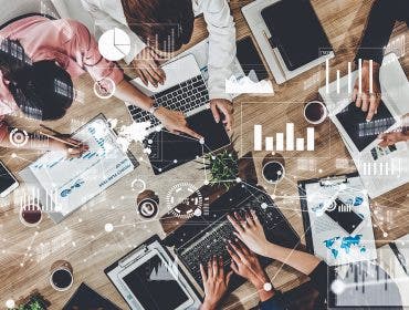 Imaginative visual of business people and financial firms staff . Concept of human resources , enterprise resource planning ERP and digital technology .