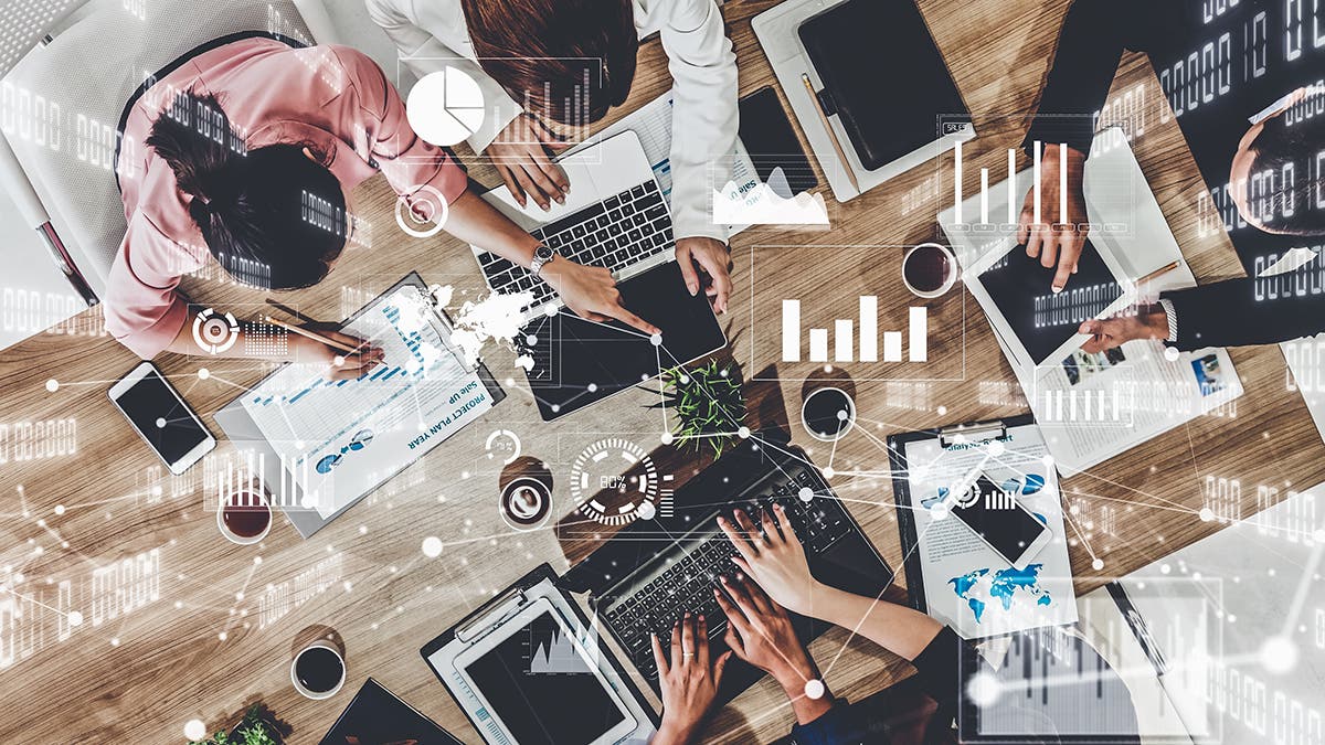 Imaginative visual of business people and financial firms staff . Concept of human resources , enterprise resource planning ERP and digital technology .