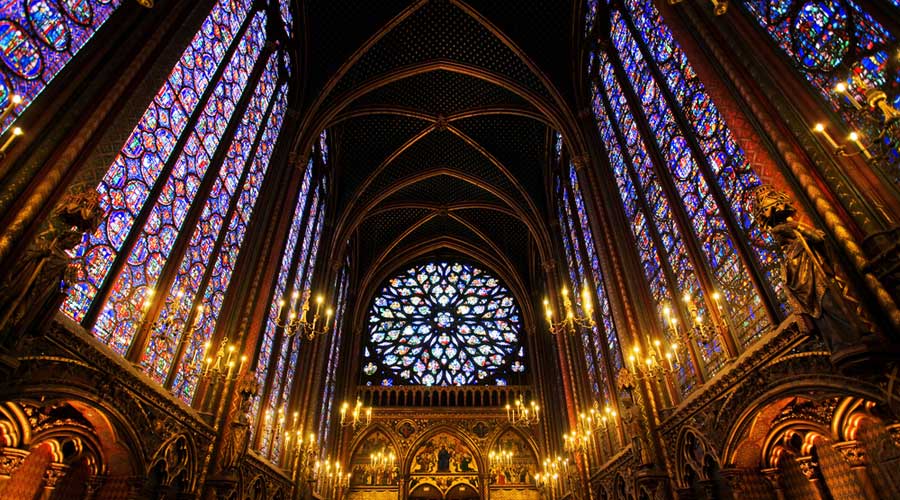 Famous stained glass windows of the Sainte-Chapelle Chapel in Paris, France