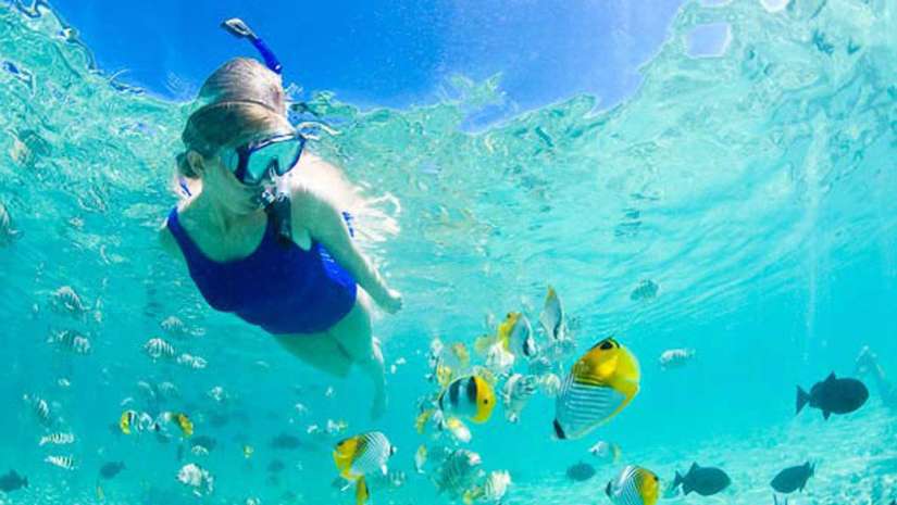 female swimming under water