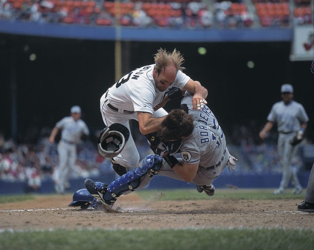 Baseball: Detroit Tigers Kirk Gibson (23) in action, scoring run vs Kansas City Royals Pat Borders (15). Detroit, MI 7/9/1995 MANDATORY CREDIT: Chuck Solomon/Sports Illustrated SetNumber: X48689 TK1 R7 F3