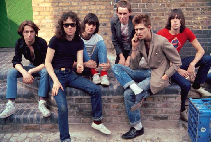 Meeting of the minds. From left to right: Stuart Keen, Tommy Ramone, Dee Dee Ramone, Keith Levene (founding member of The Clash and Public Image, Ltd.), Paul Simonon of The Clash and Johnny Ramone. London, England, 1977.