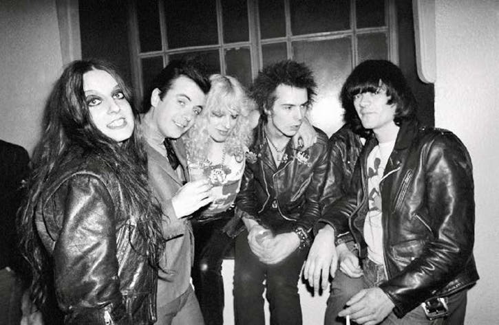 Linda Clark, Leee Black Childers, Nancy Spungen, Sid Vicious and Dee Dee Ramone. At the party after the Ramone's New Year's show at the Rainbow Theater in London, 1977. Photo courtesy of Danny Fields.