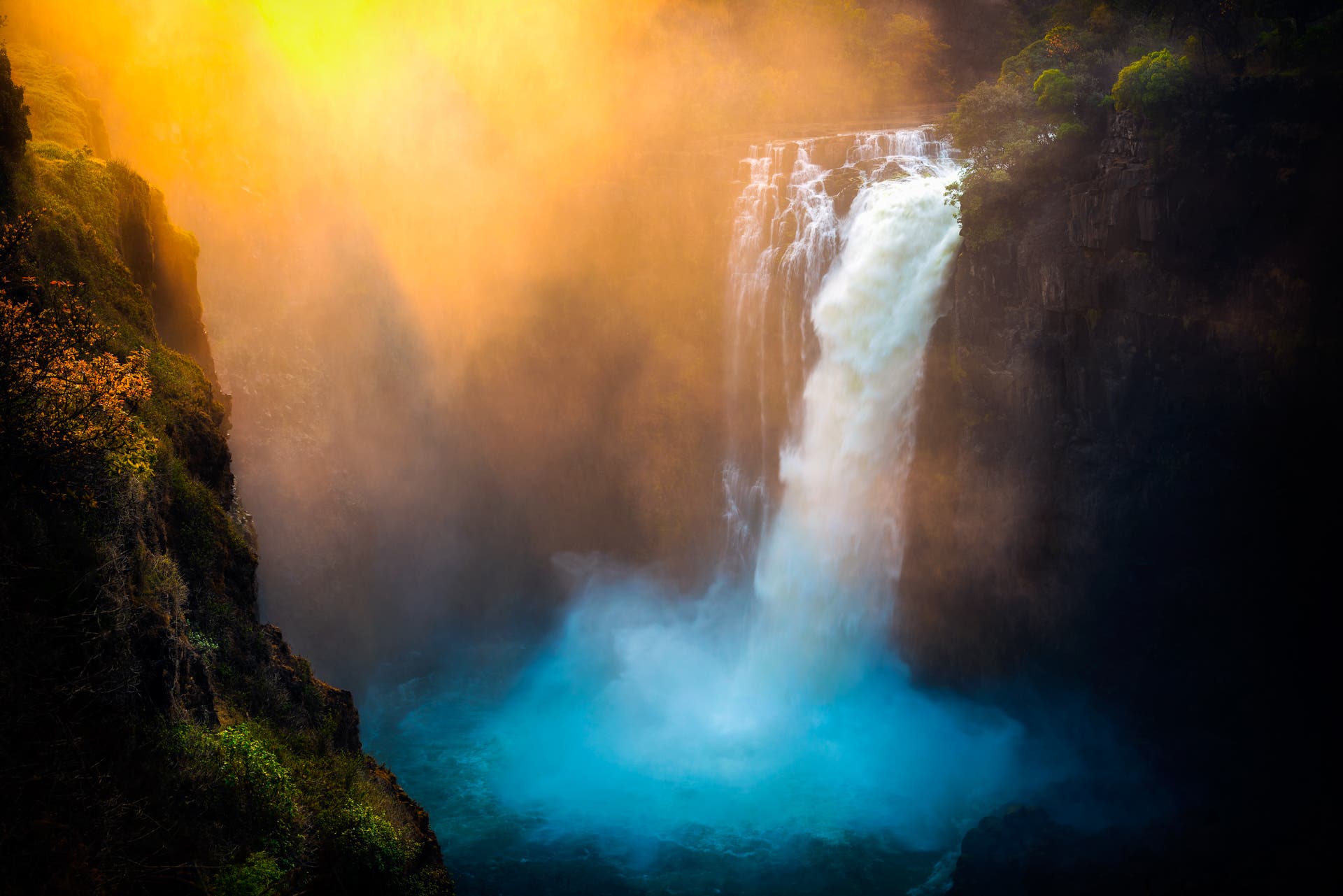 Sunrise at Victoria falls on the Zambezi River, Zimbabwe, Zambia
