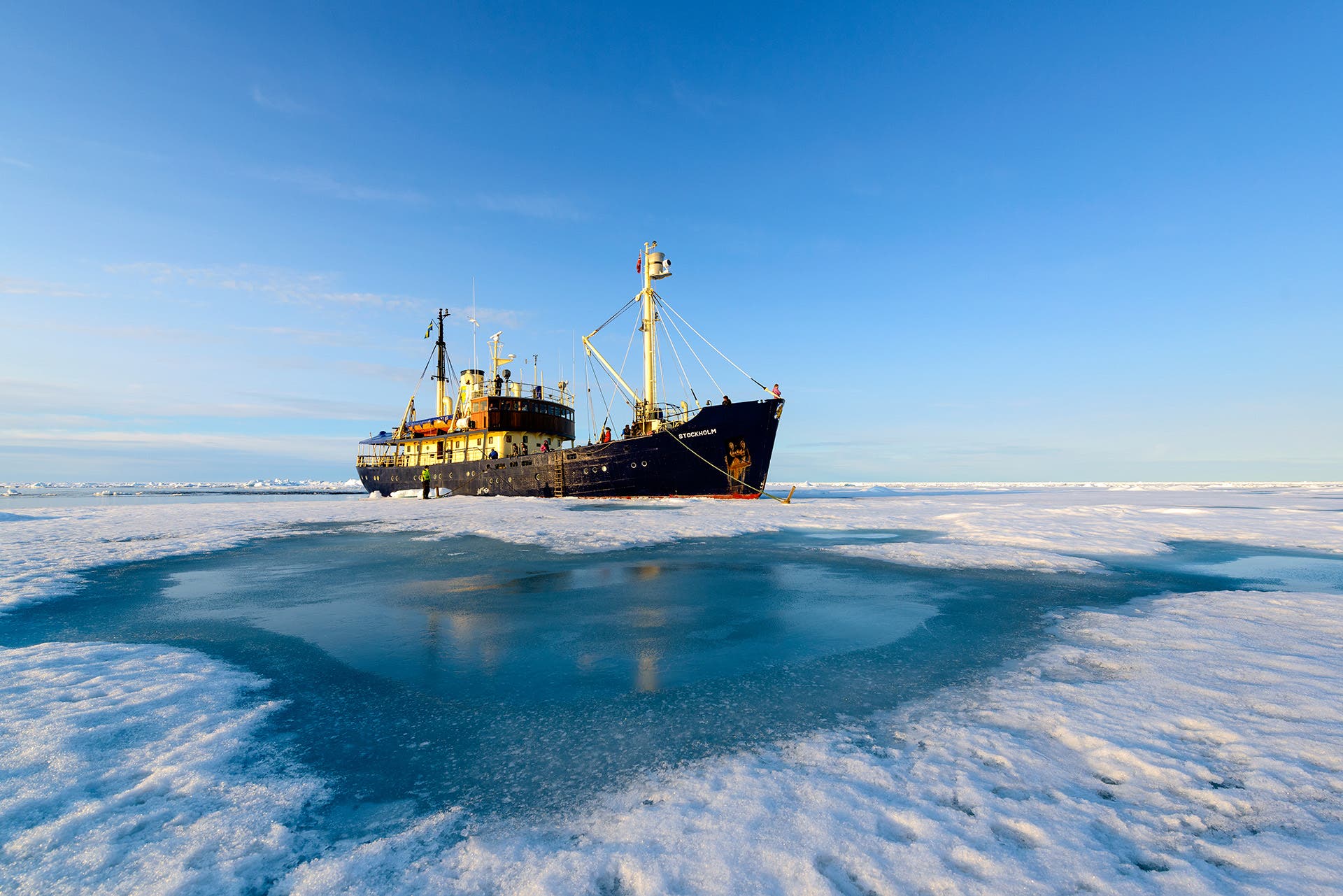 The “M/S Stockholm” expedition vessel. Built in 1953 this polar passenger ship was our home for ten nights as we explored the Svalbard Archipelago north to within 200 km’s of the North Pole. At “night” we would tie up to the floating ice shelf rather than drift amongst the floes. Nikon D800E, Nikkor 14-24mm Lens, 1/500 second at f8, ISO200.