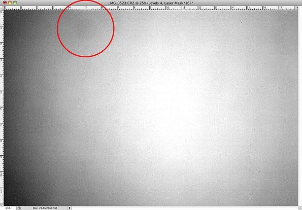sensor dust and spots shown on photoshop