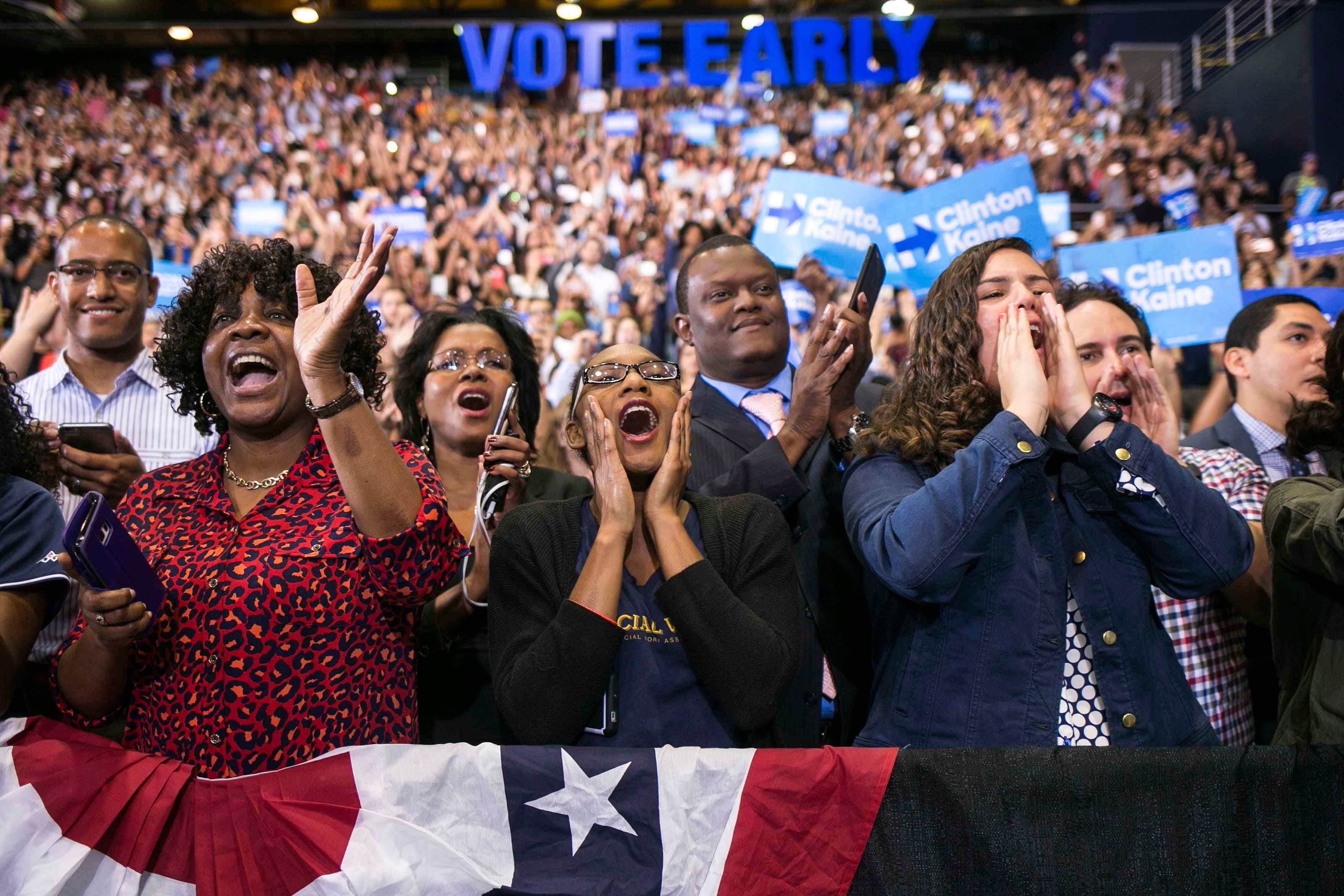 Attendees cheer as President Barack Obama speaks at a campaign event for Hillary Clinton at Florida International University, in Miami, Fla., Thursday, Nov. 3, 2016. (Al Drago/The New York Times)