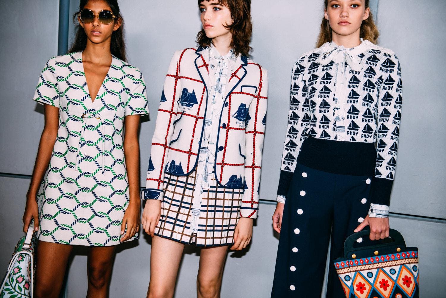 Models line up for Tory Burch's SS17 show held at the Whitney Museum.