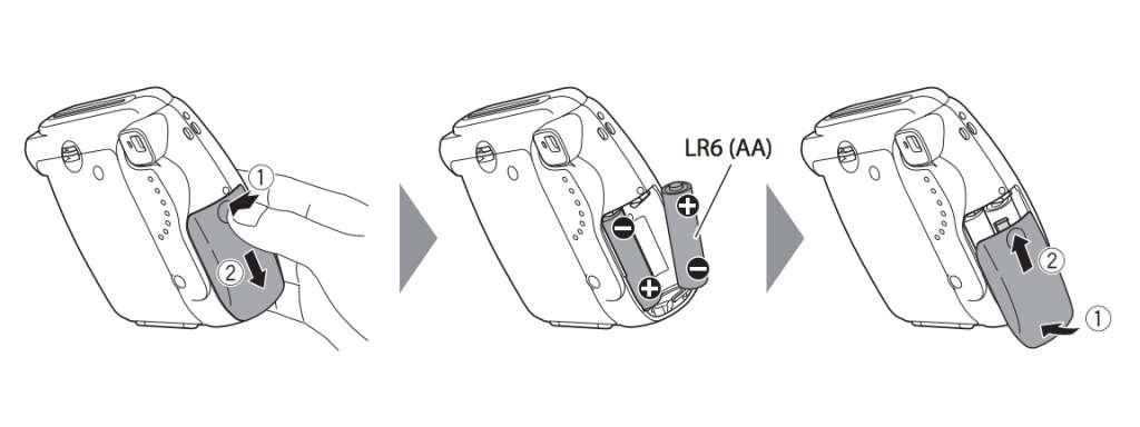 fujifilm instax mini 8 instant camera diagram showing how to insert batteries