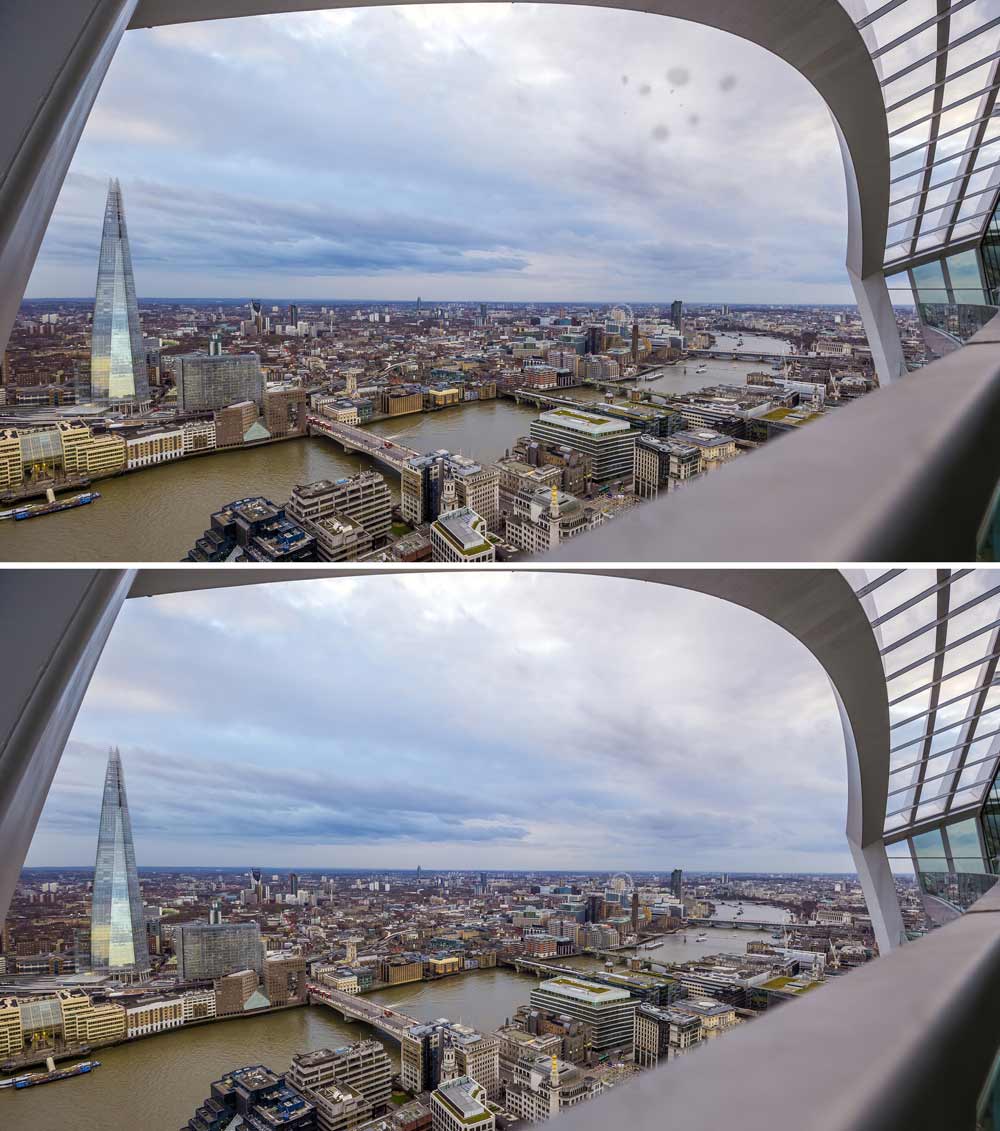 sky and city buildings with sensor dust before and after editing