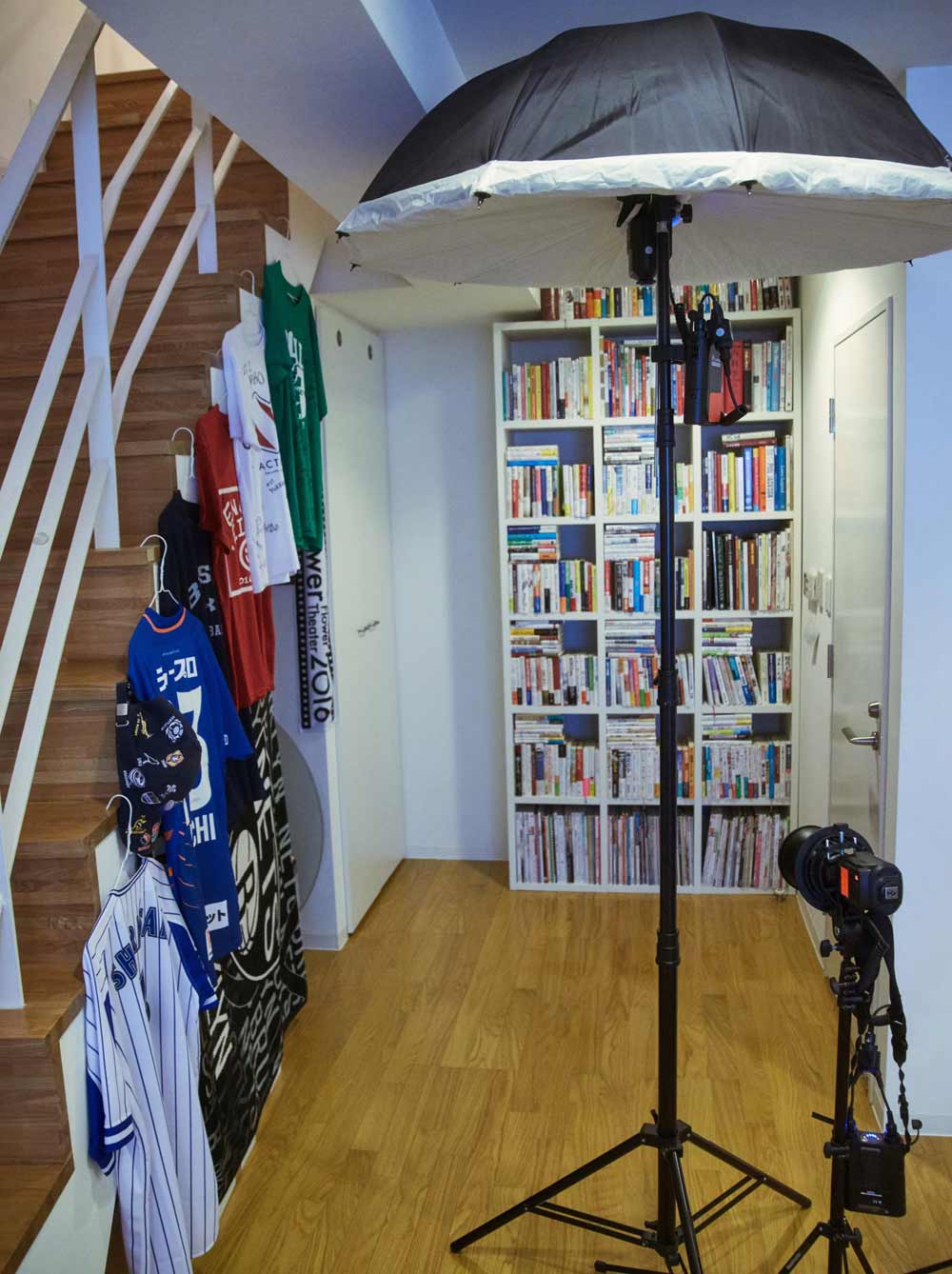 shirt and books indoor lighting photography setup