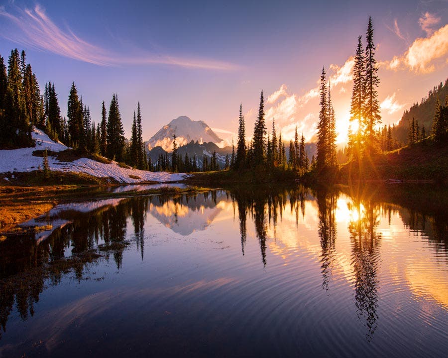 lake with mountains and trees travel photography
