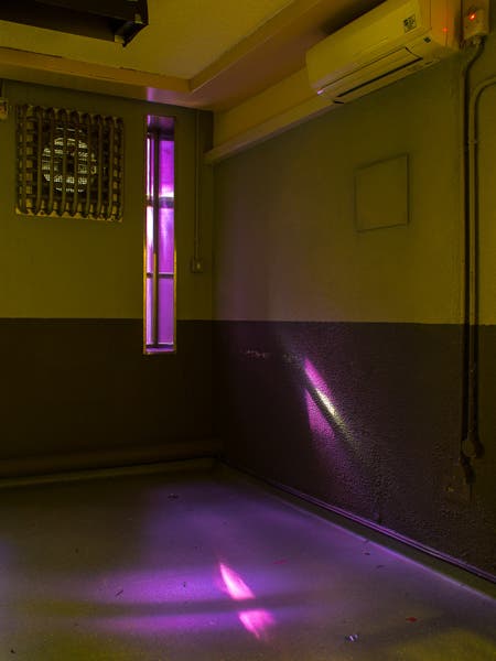 room with purple light medium format photography
