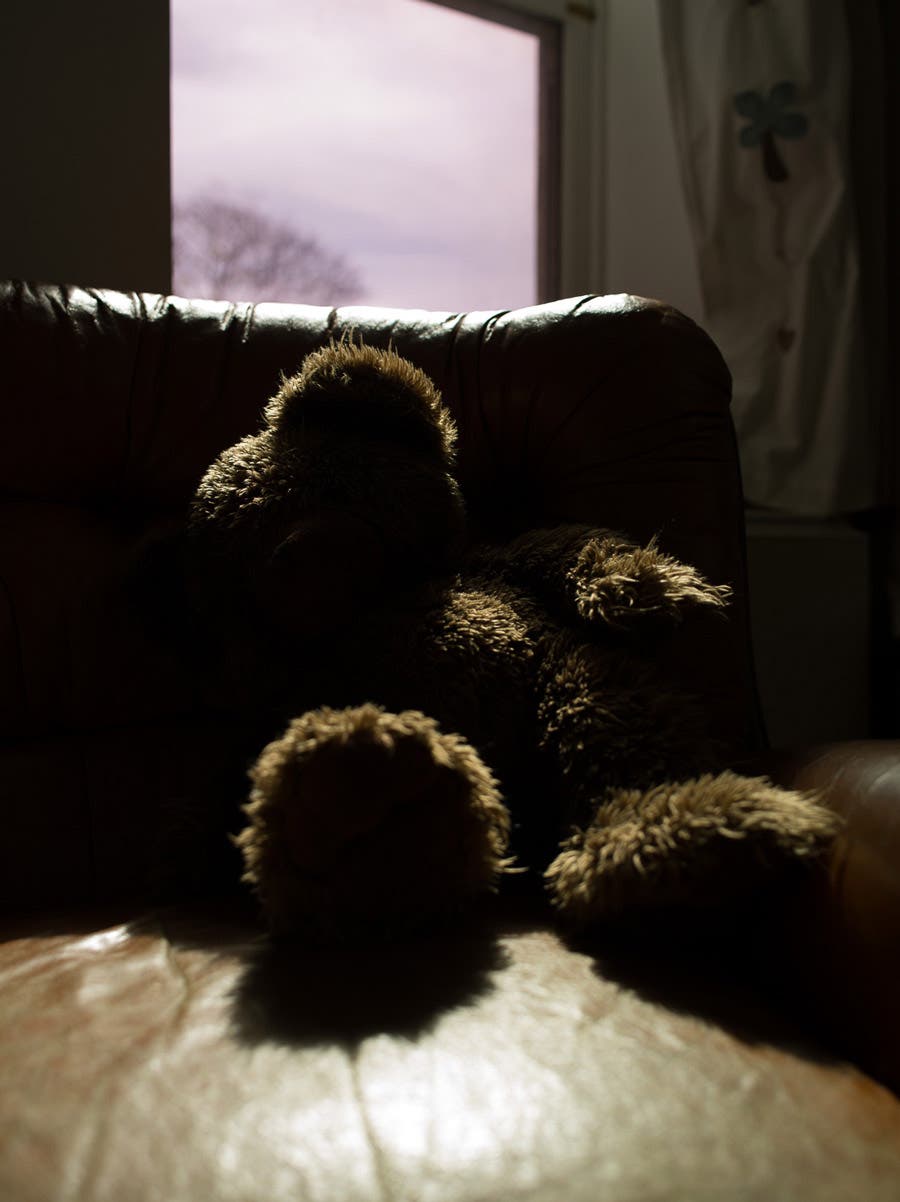 teddy bear on couch medium format photography