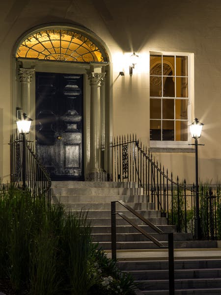 doorway with lamp posts medium format photography