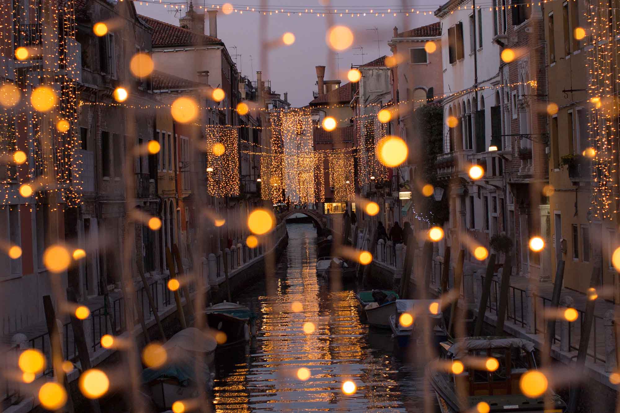 string lights around canal in venice travel photography