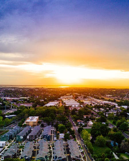 residential houses with sunrise drone photography