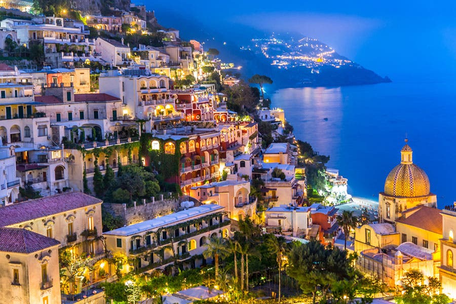 night shot of village in positano 