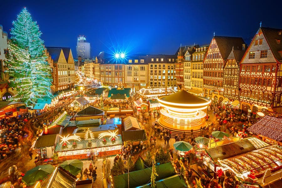 City filled with Christmas lights during the holiday season