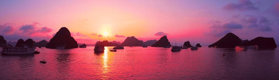 Panoramic view of Halong Bay Vietnam sunset