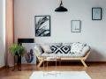 Patterned pillow on scandinavian sofa real estate photo shoot