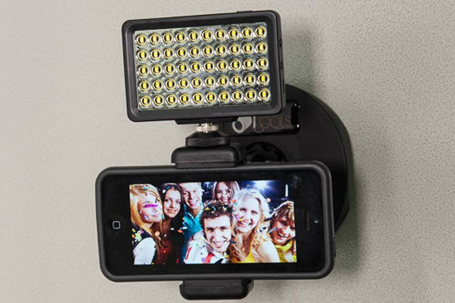 Smartphone and flash mounted onto wall using Tether Tools’ Rock Solid LoPro Phone Mount and RapidMount Q20