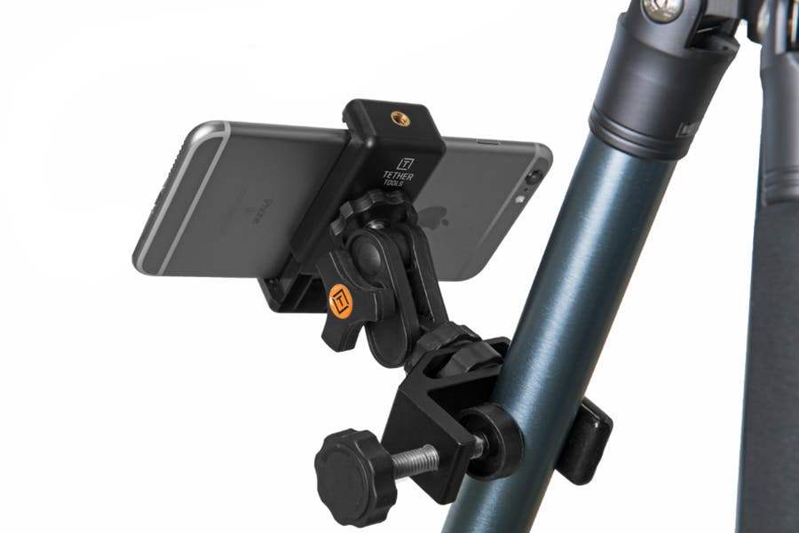 Phone mounted on tripod leg with Tether Tools’ Rock Solid LoPro Phone Mount and Rock Solid Easy Grip